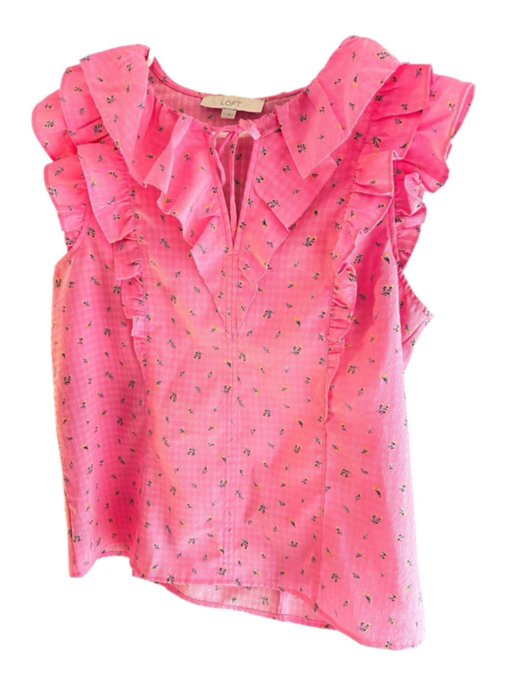 LOFT Women’s Floral Ruffle Tie Neck Top Size Medium Sleeveless Top Garden Summer - Picture 5 of 7